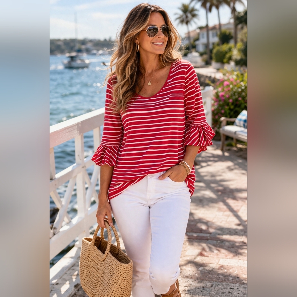 Chico’s Size 3 Large Red White Striped Top Ruffle Sleeve Scoop Neck Soft Stretch